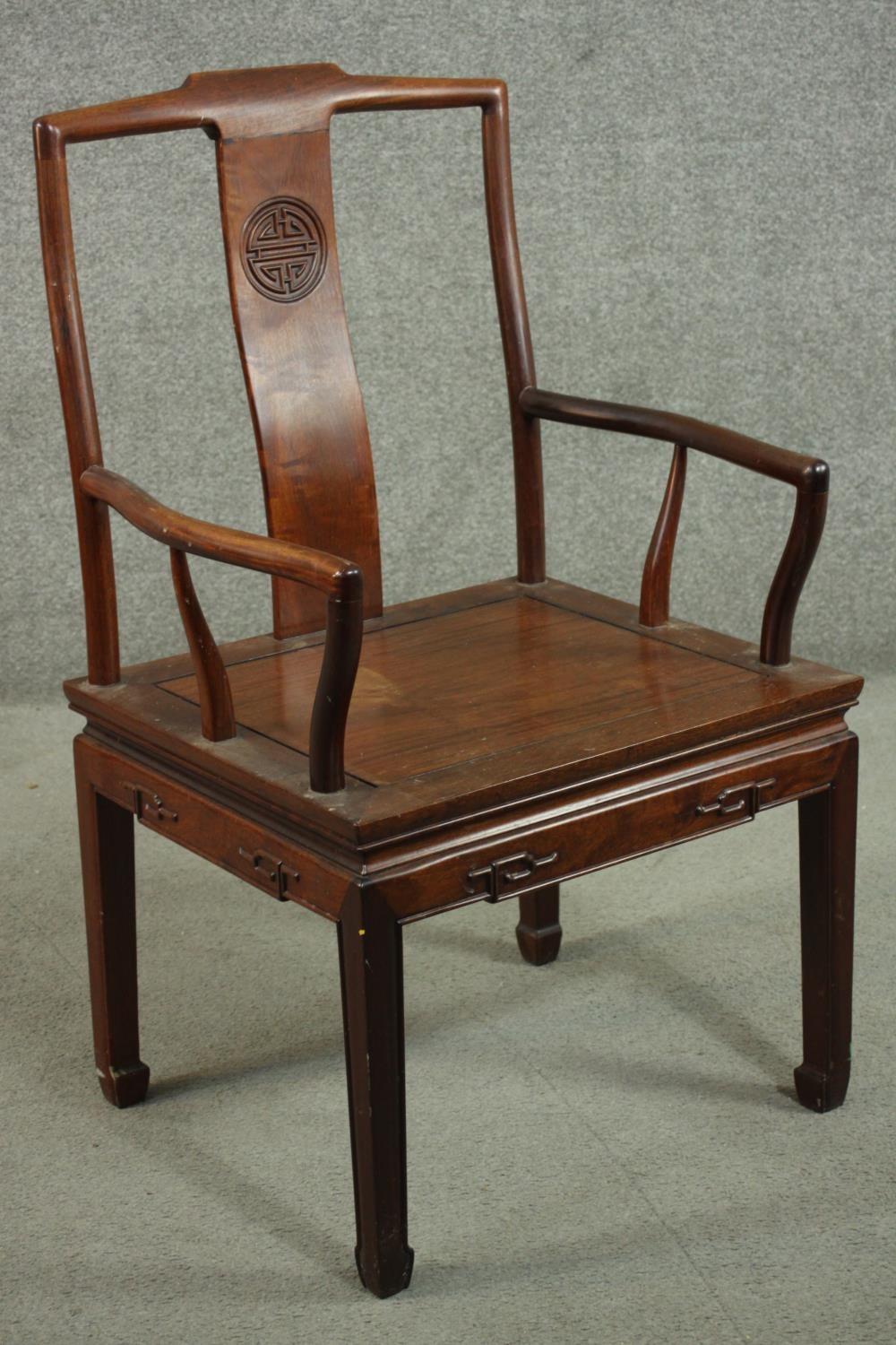 A set of eight late 20th century Chinese rosewood dining chairs including two carvers and six side - Image 8 of 11