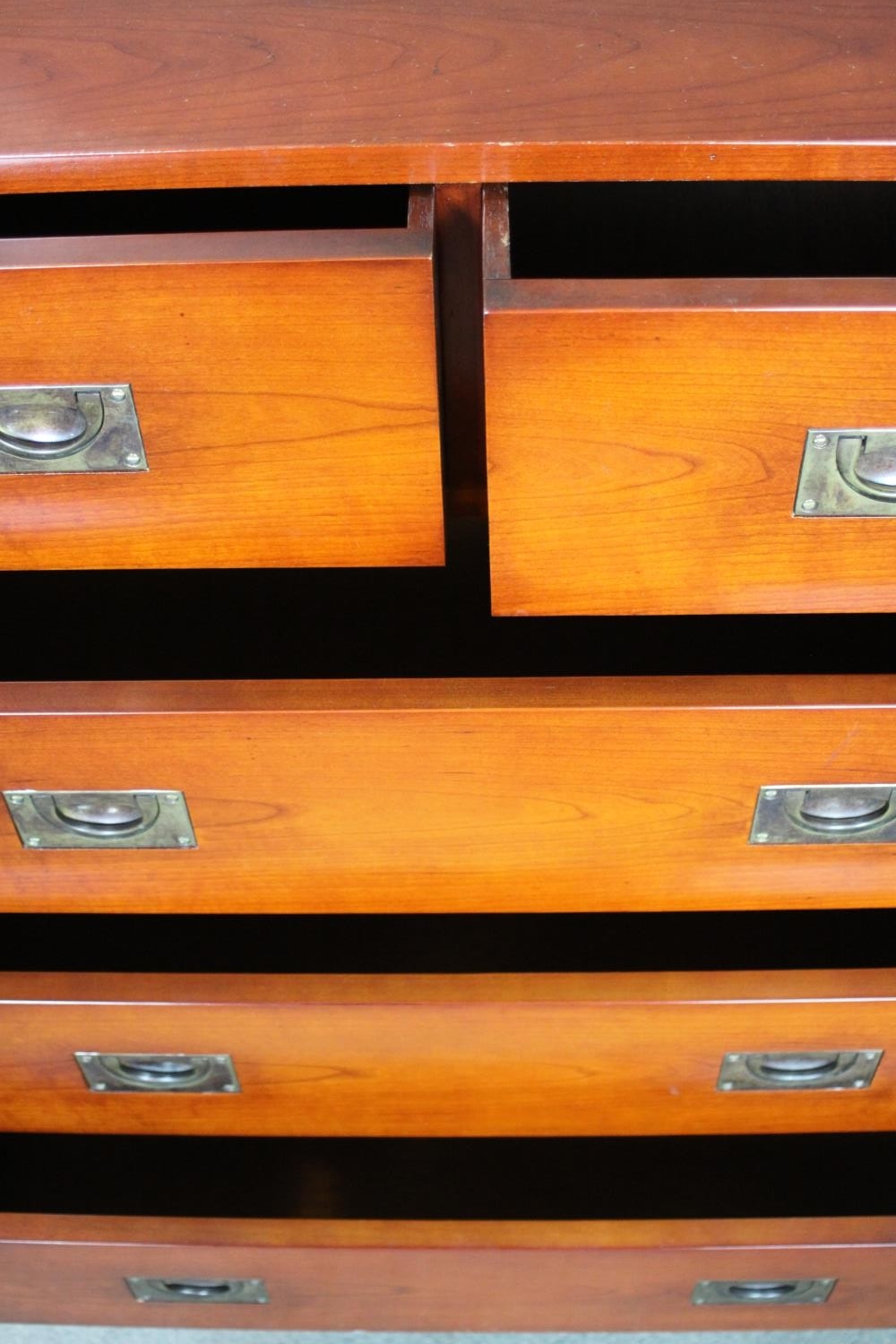 A 20th century yew wood campaign style chest of two short over three long drawers with recessed - Image 7 of 8