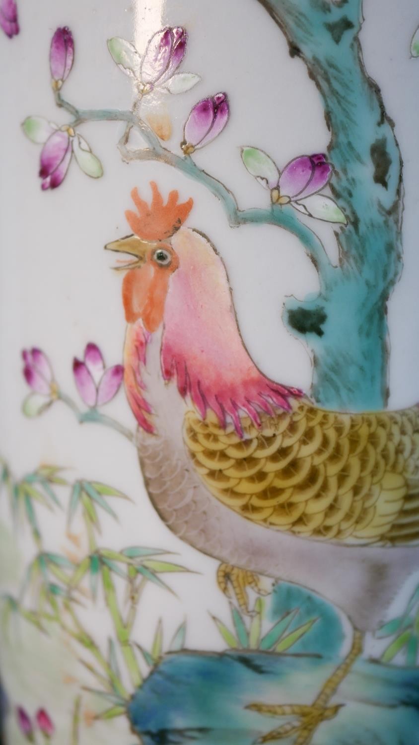 A Chinese porcelain hand painted vase decorated with a rooster, hen and chicks under a blossom tree. - Image 4 of 11