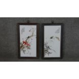 Two framed 19th century hand painted Chinese ceramic tiles, one depicting a branch with a cicada and