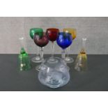 A set of five Bohemian coloured wine glasses along with two Jaffe Rose Czech coloured glass hand