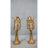 A pair of gilt metal lamps, believed to be Venetian gondola lanterns, of hexagonal section with