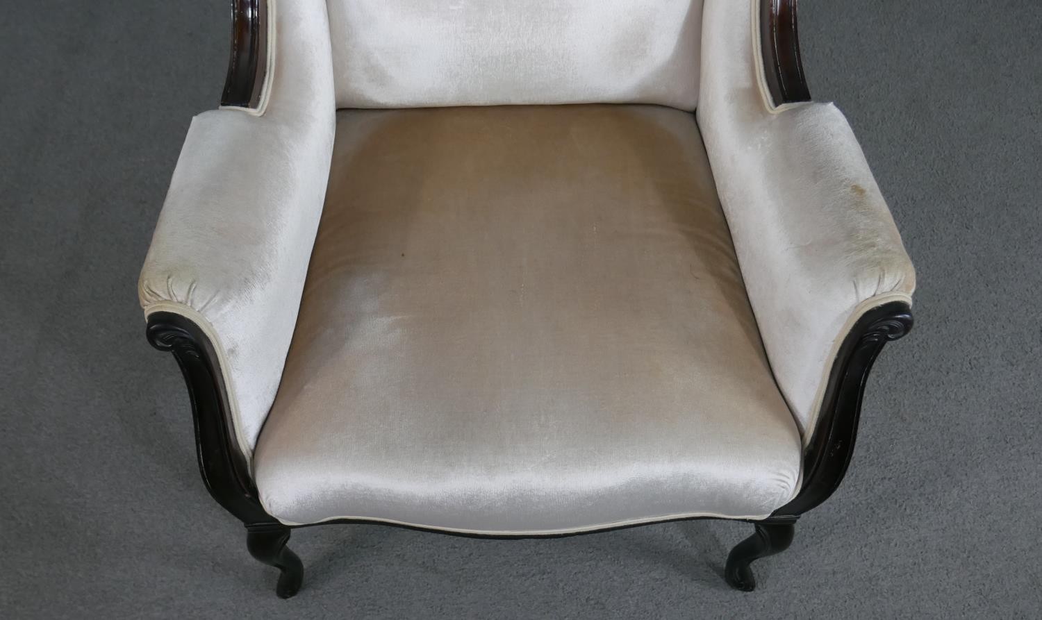 A circa 1900 mahogany armchair, with a carved crest, the scrolling arms, back and seat upholstered - Image 4 of 7