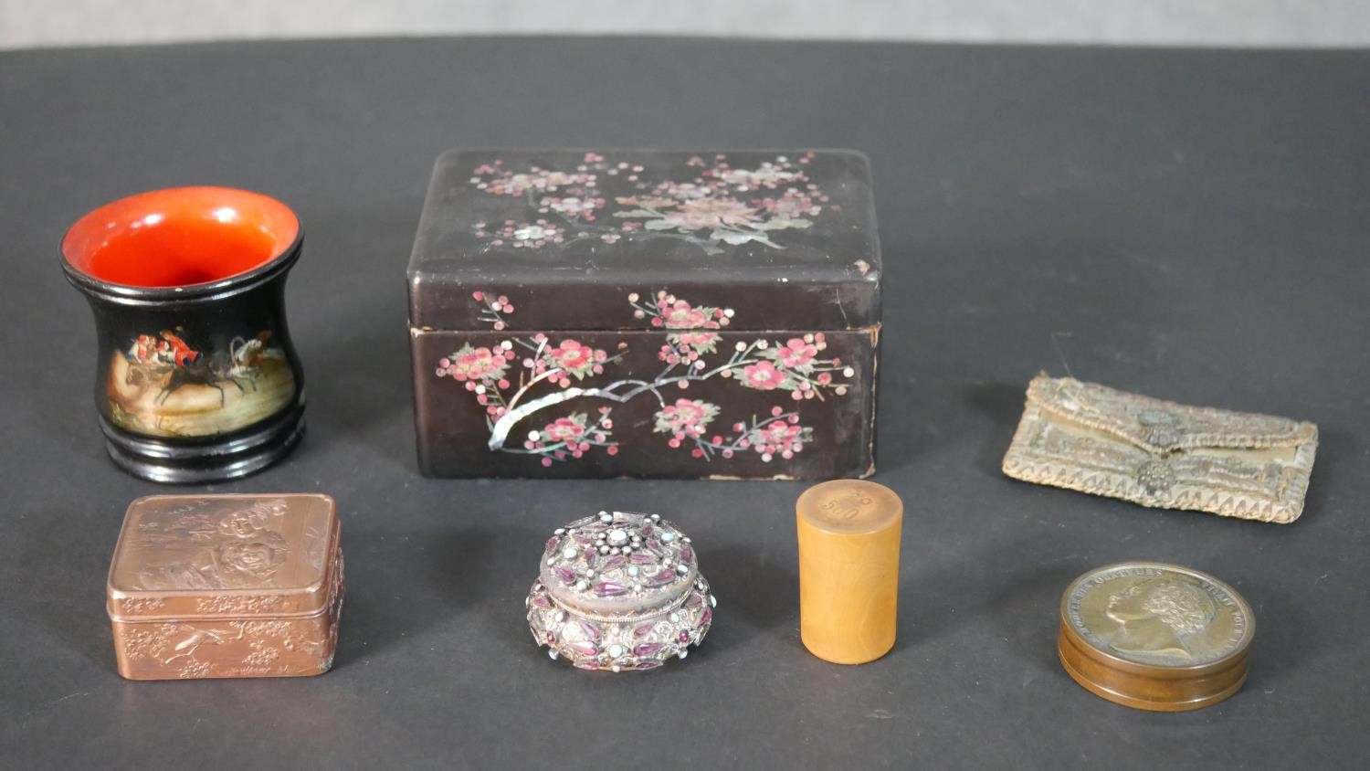 A collection of boxes and other items, including a Chinese lacquered and mother of pearl inlaid box,