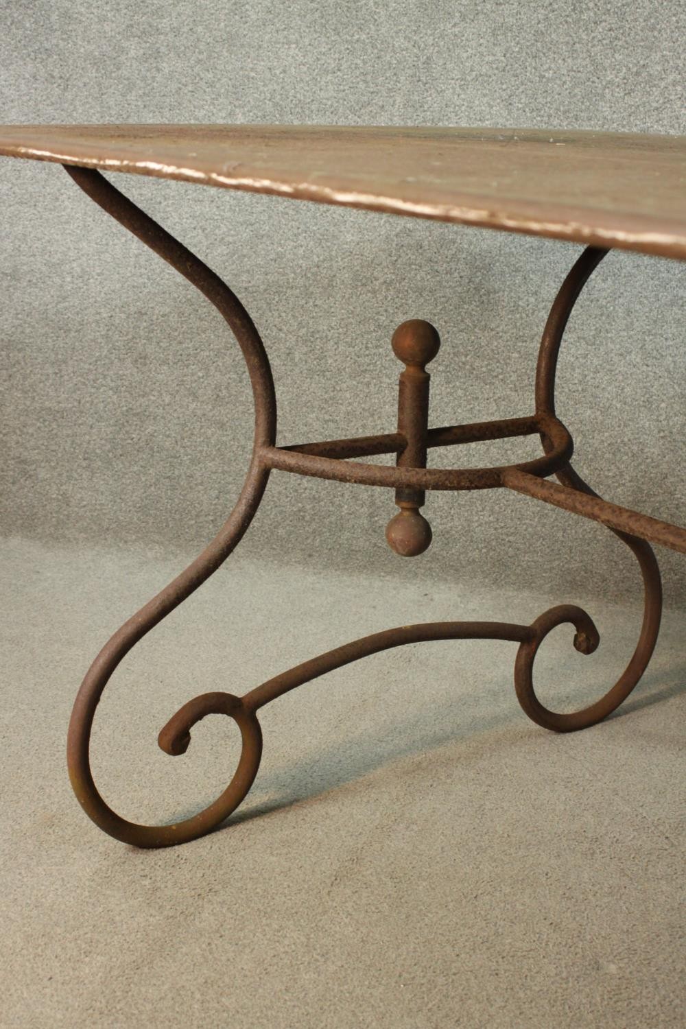 A French wrought iron table, possibly a baker's table, with a rectangular metal top, on scrolling - Image 7 of 8