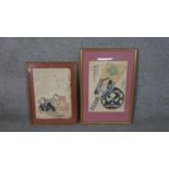 Two 19th century Japanese woodblock prints, both depicting Kabuki actors and Japanese script. Each