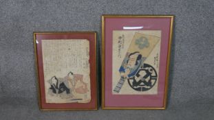 Two 19th century Japanese woodblock prints, both depicting Kabuki actors and Japanese script. Each