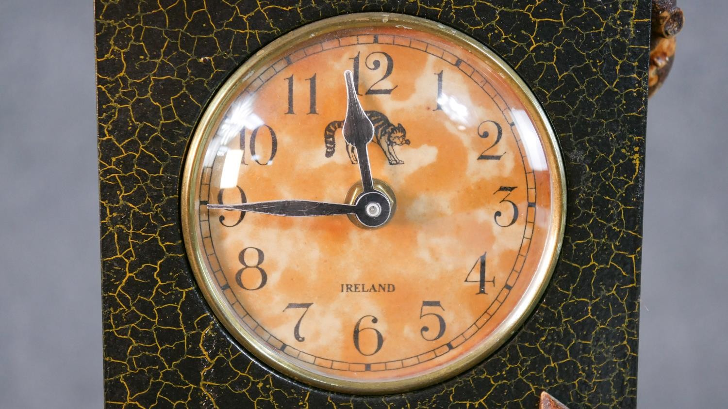 An Irish lacquered and carved mantle clock with crackle finish and with four mice running over the - Image 4 of 7