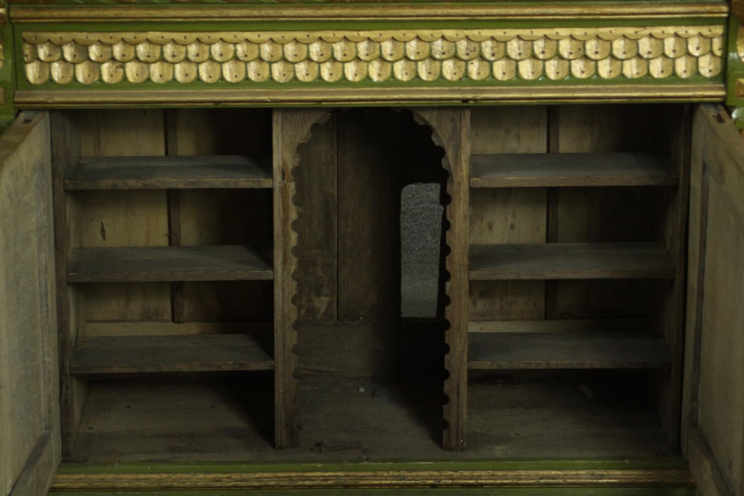 A green painted and parcel gilt cabinet, with a gadrooned cornice, above a frieze of scales, over - Image 13 of 13