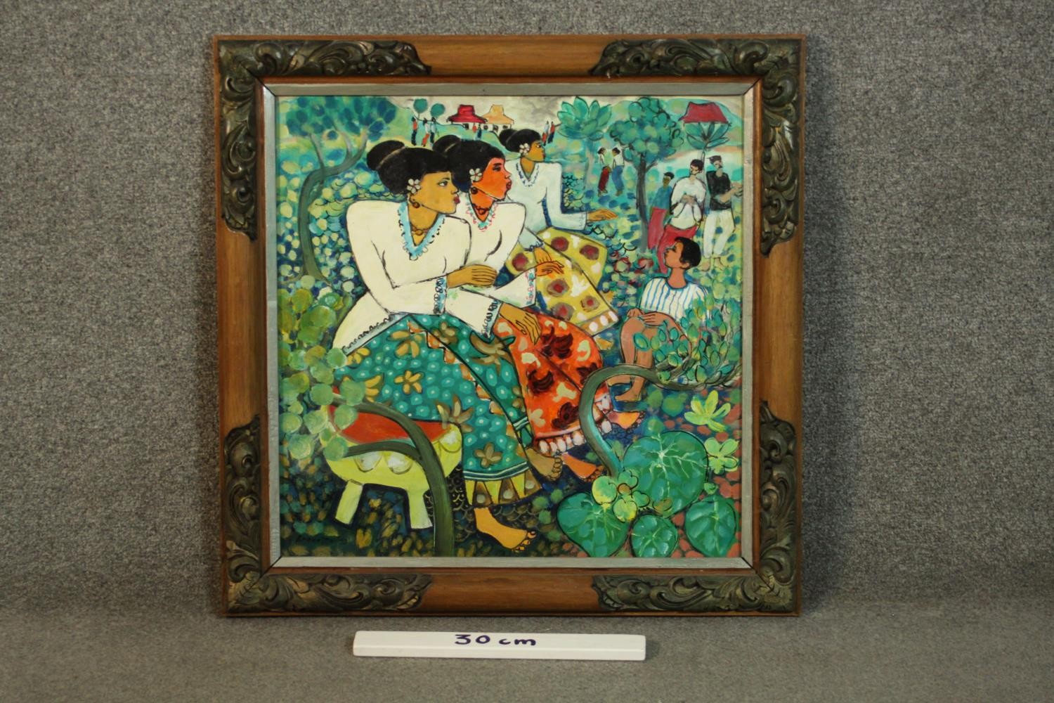Bramasto (1929 - 1997), oil on canvas of three Indonesian women among foliage, with some figures - Image 3 of 7