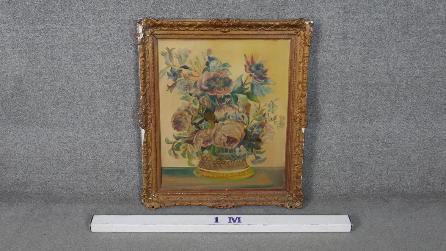 A moulded gold painted framed oil on canvas of a still life of a vase of flowers, unsigned. H.77 W. - Image 3 of 6