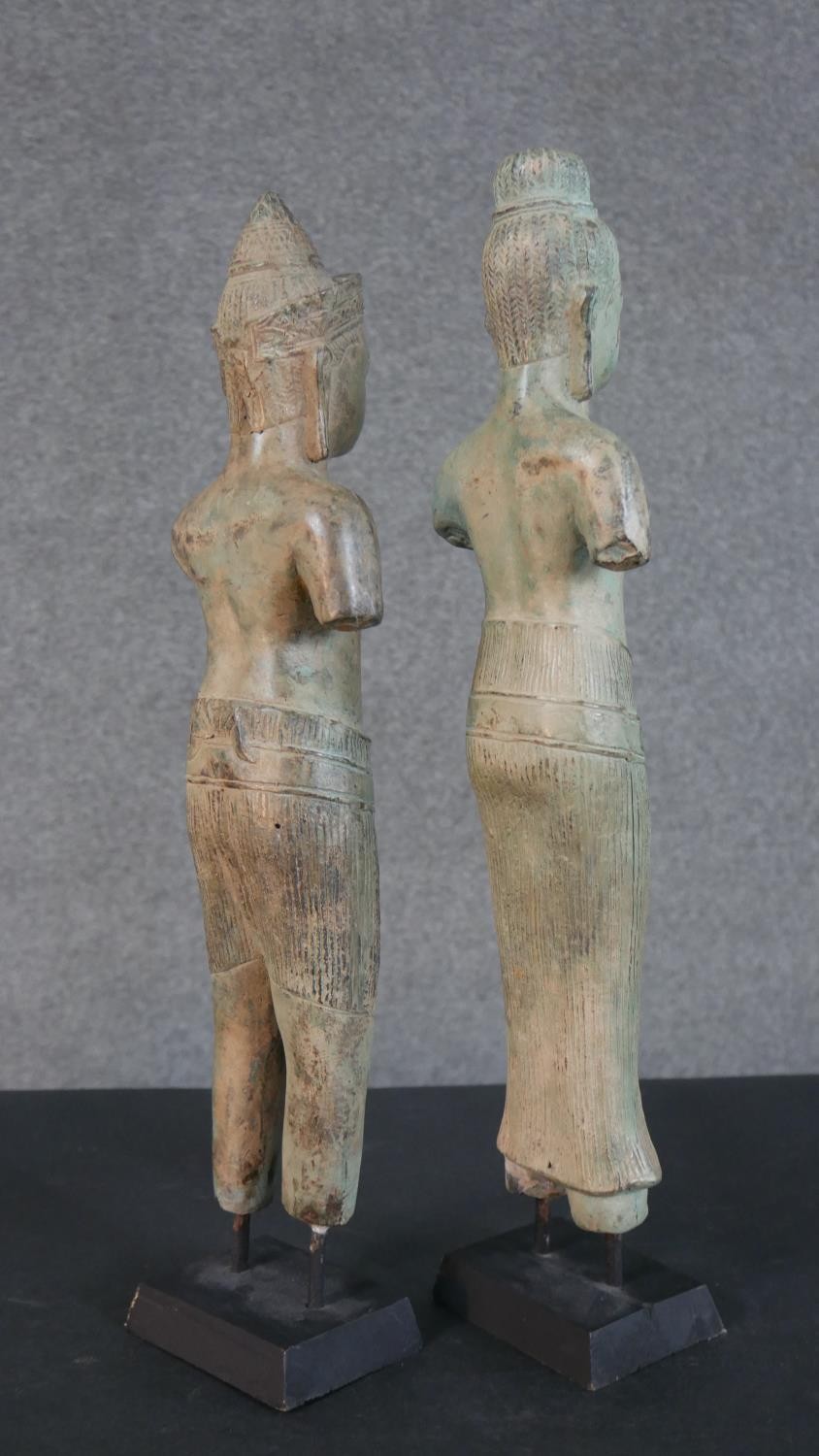 Two Khmer style bronze effect metal figures of two deities on display stands. H.46cm (largest) - Image 6 of 9