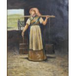 After Otto Bache (1839 - 1927), oil on board of a milk maid, monogrammed O.B., label verso. H.93 W.