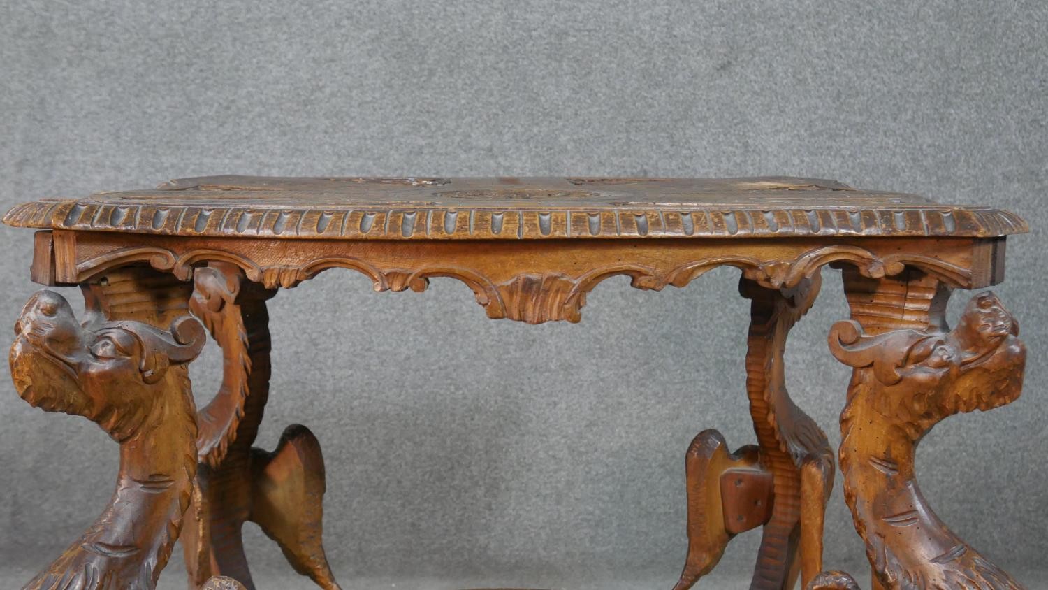 A late 19th century oak occasional table with shaped and carved central medallion raised on - Image 6 of 14