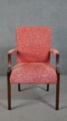A Gainsborough style mahogany open armchair, upholstered in pattered red fabric, on square section