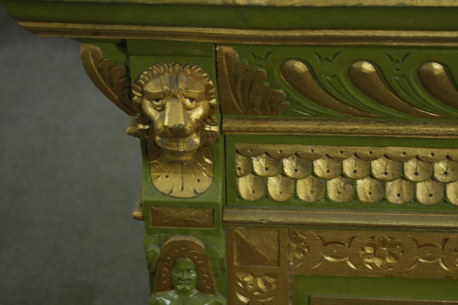 A green painted and parcel gilt cabinet, with a gadrooned cornice, above a frieze of scales, over - Image 5 of 13