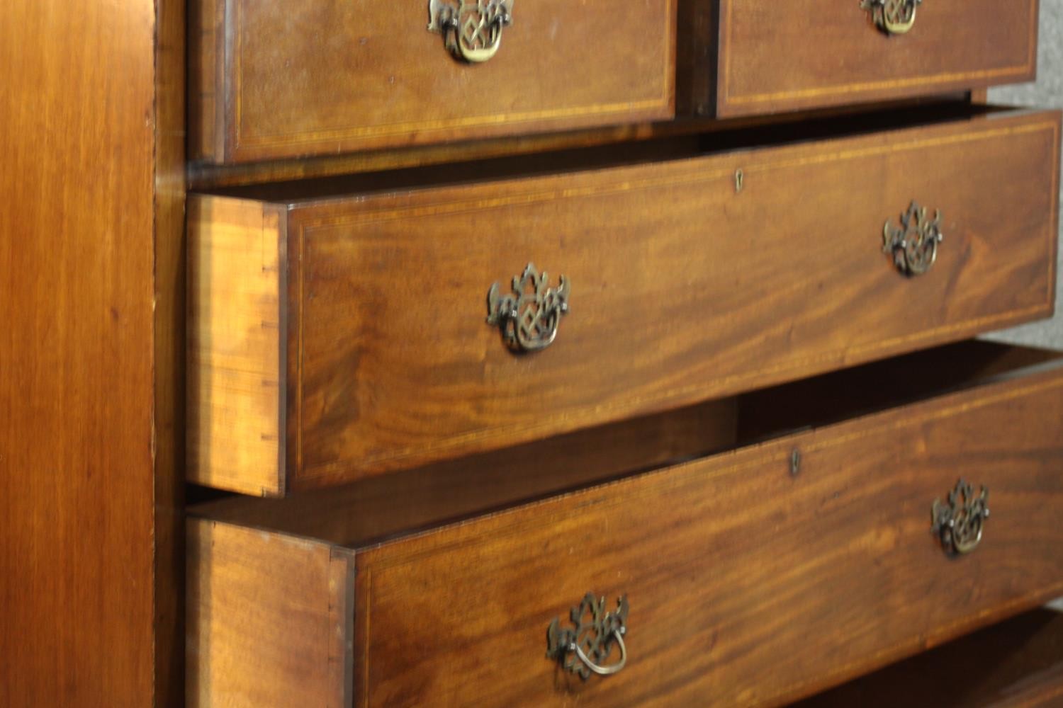A Victorian walnut and line inlaid chest of two short over three long drawers, on ogee feet. H.115 - Image 7 of 9
