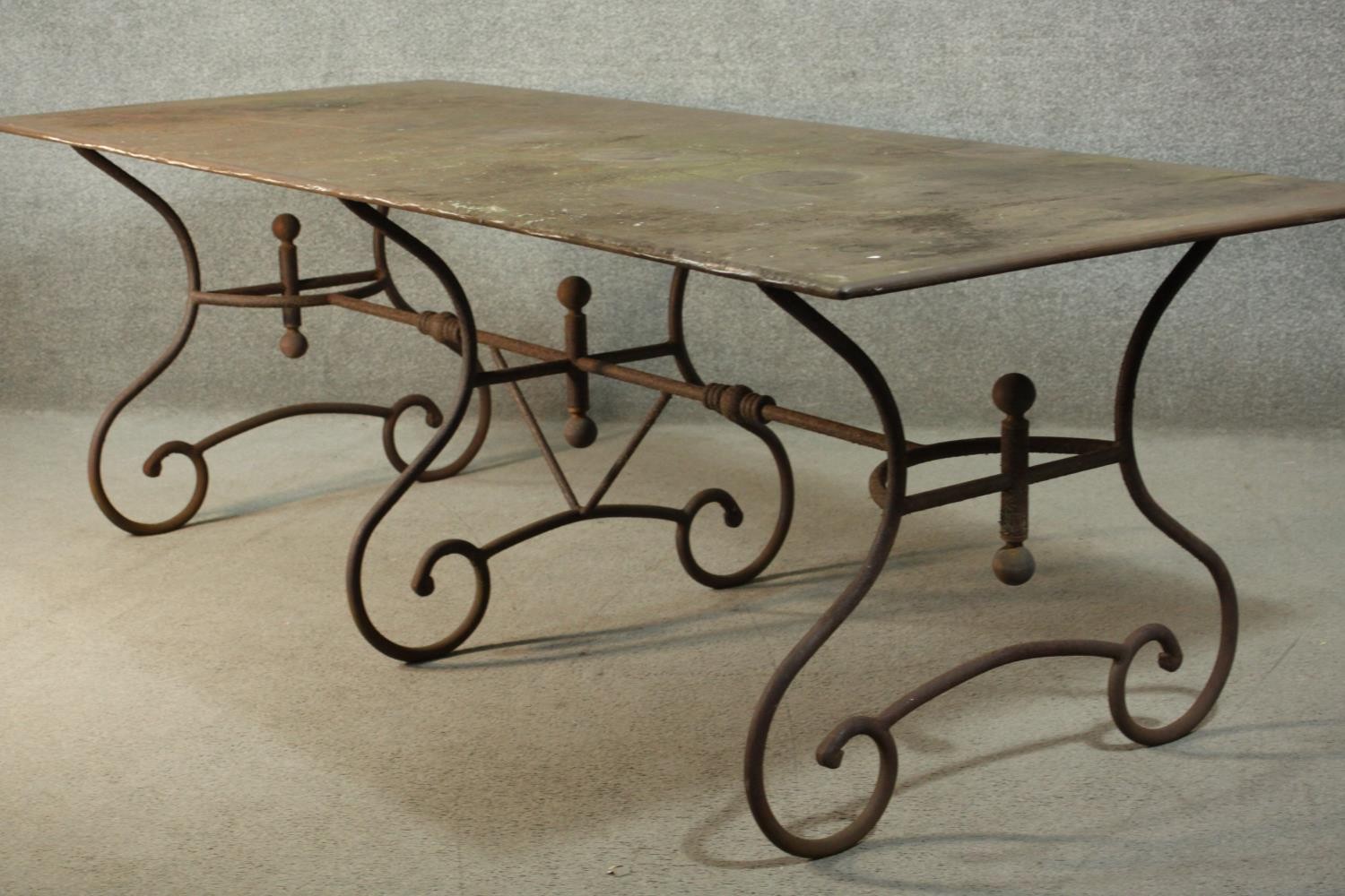 A French wrought iron table, possibly a baker's table, with a rectangular metal top, on scrolling - Image 4 of 8