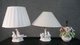 Three ceramic table lamps, including a pair of sculptural dove ceramic lamps and a hand painted