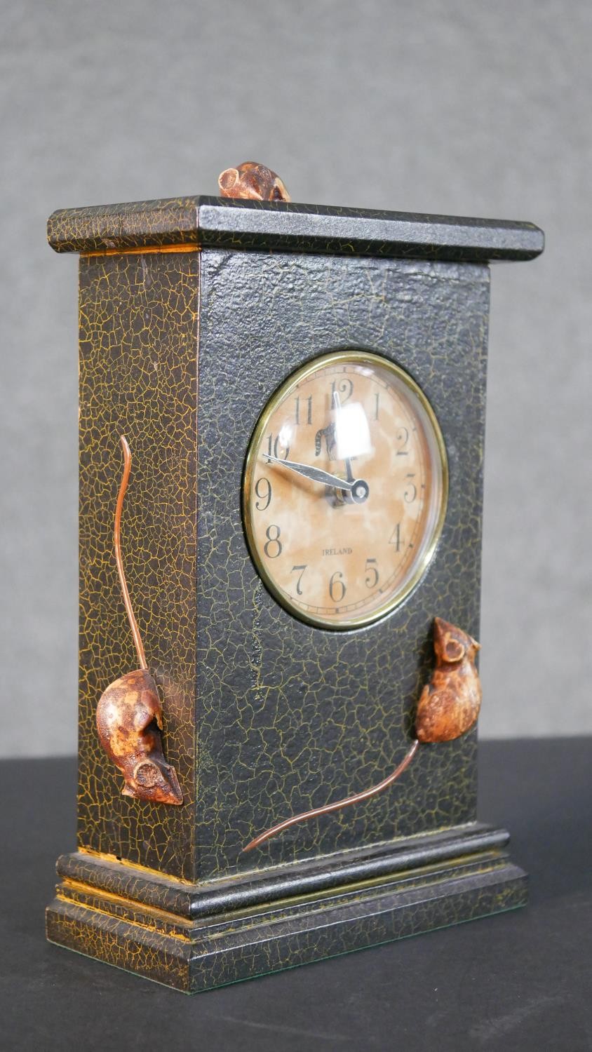 An Irish lacquered and carved mantle clock with crackle finish and with four mice running over the - Image 2 of 7