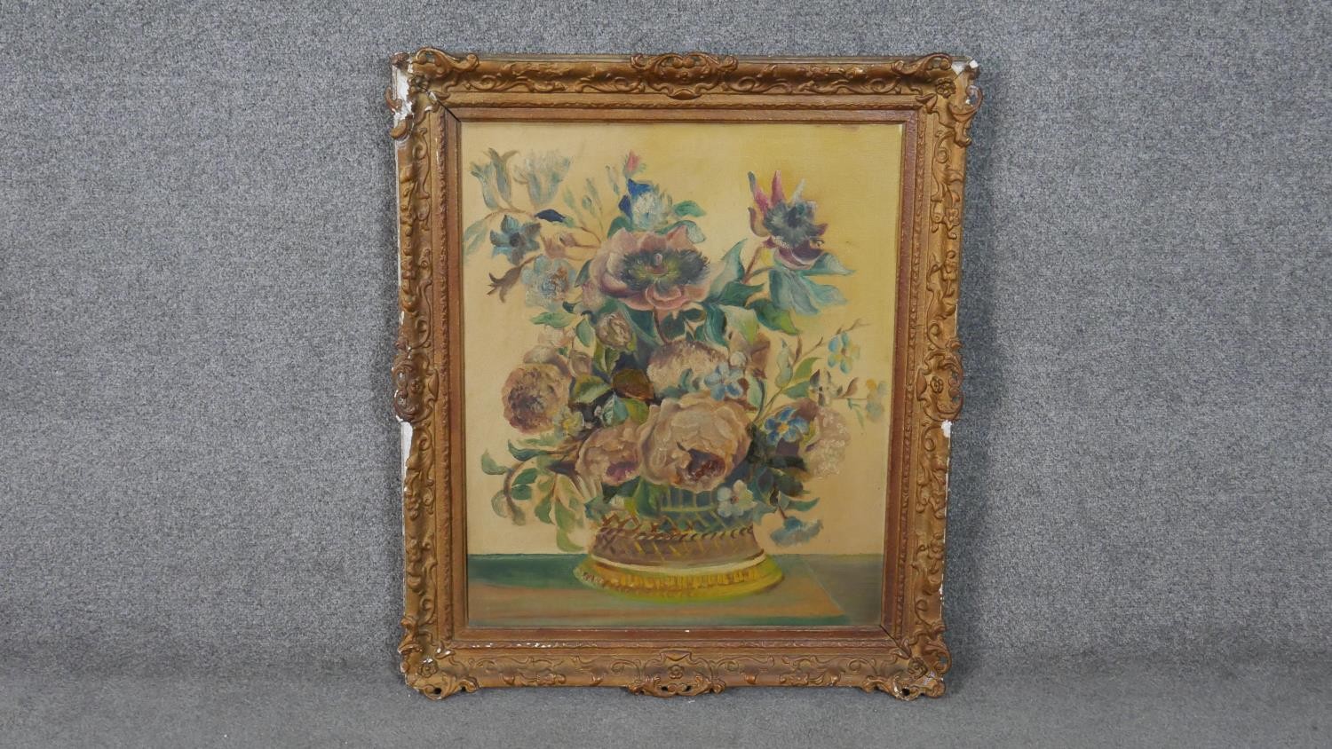 A moulded gold painted framed oil on canvas of a still life of a vase of flowers, unsigned. H.77 W. - Image 2 of 6