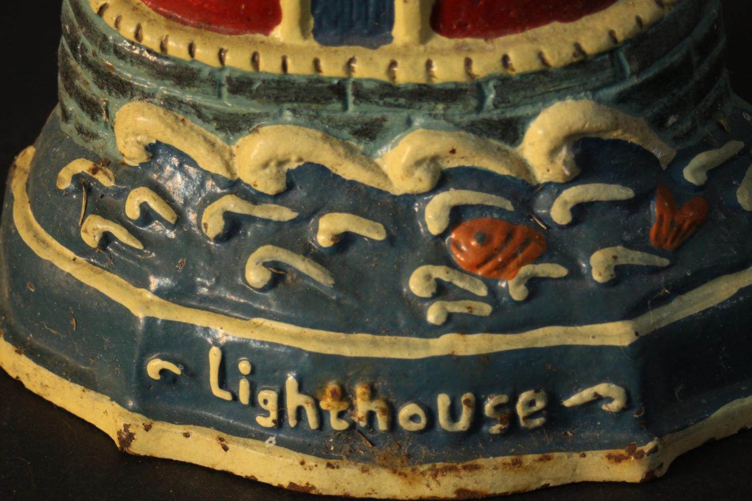 A painted cast iron door stop in the form of a lighthouse. H.34 W.23cm. - Image 4 of 4