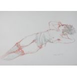 Dina Larot- 1942, unframed watercolour and red chalk on paper, reclining female nude, signed and