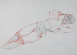 Dina Larot- 1942, unframed watercolour and red chalk on paper, reclining female nude, signed and