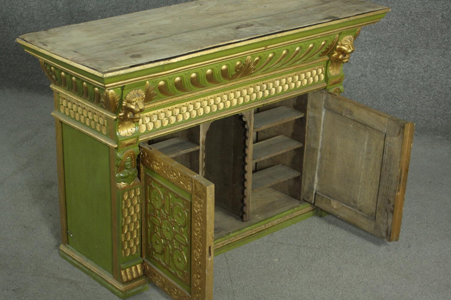 A green painted and parcel gilt cabinet, with a gadrooned cornice, above a frieze of scales, over - Image 11 of 13