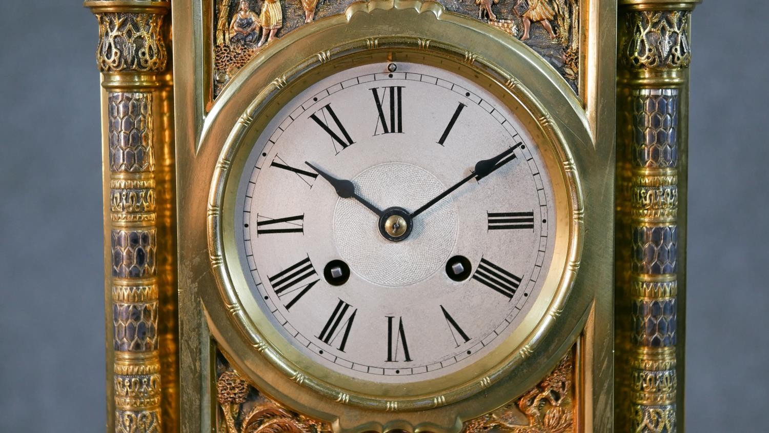 A 19th century tri-metal Egyptian relief design mantle clock of architectural form. Brass movement - Image 5 of 13