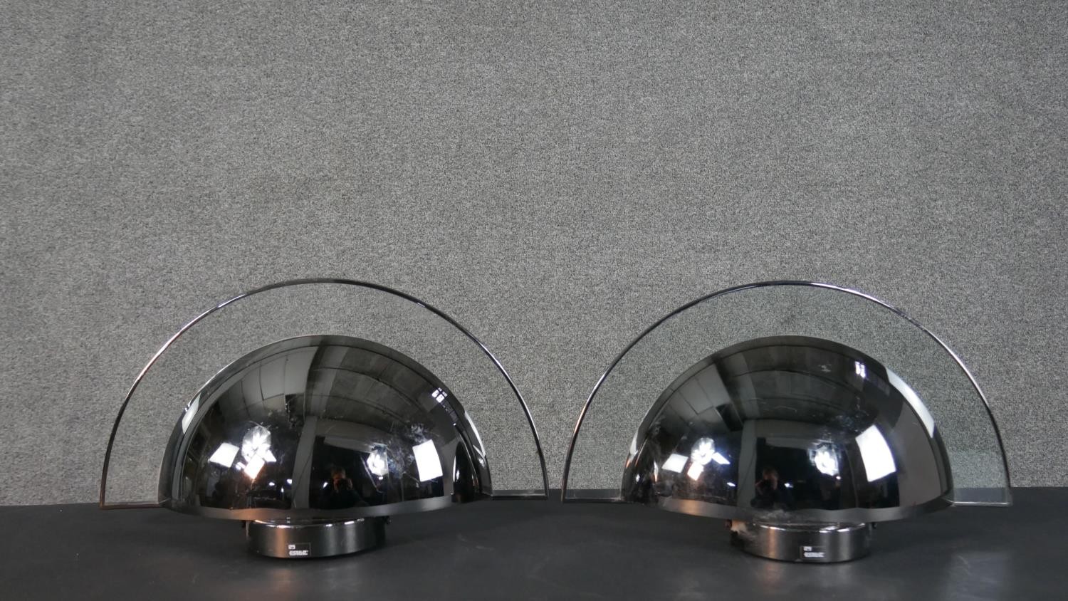 Two pairs of mid century Estiluz chrome and glass semicircular design wall lights, with makers - Image 2 of 11