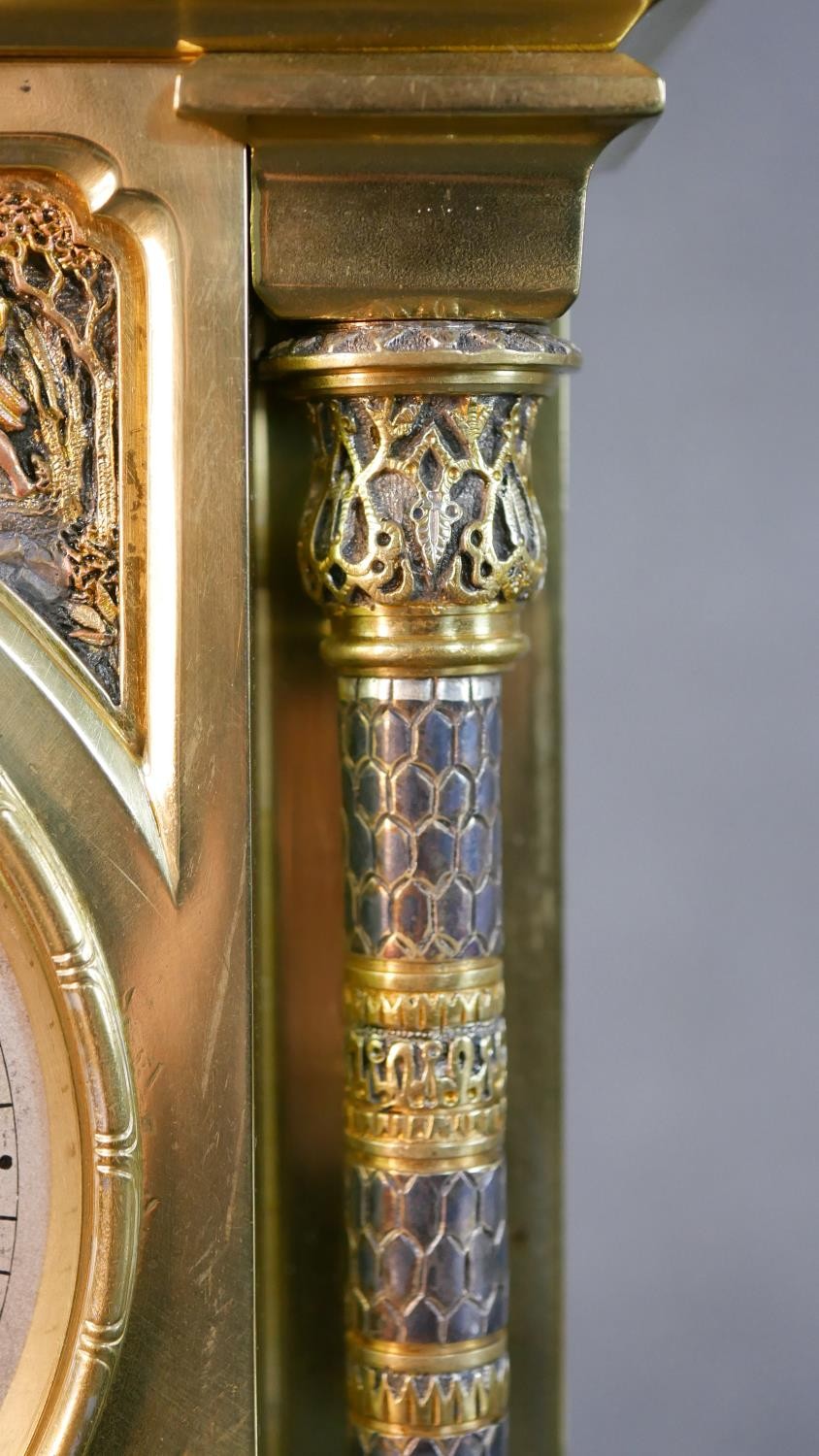 A 19th century tri-metal Egyptian relief design mantle clock of architectural form. Brass movement - Image 6 of 13
