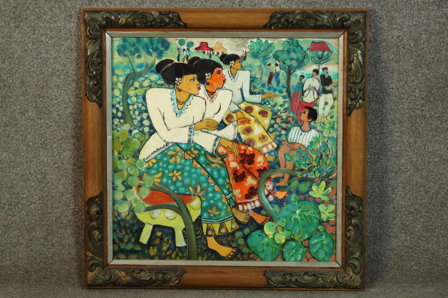 Bramasto (1929 - 1997), oil on canvas of three Indonesian women among foliage, with some figures - Image 2 of 7