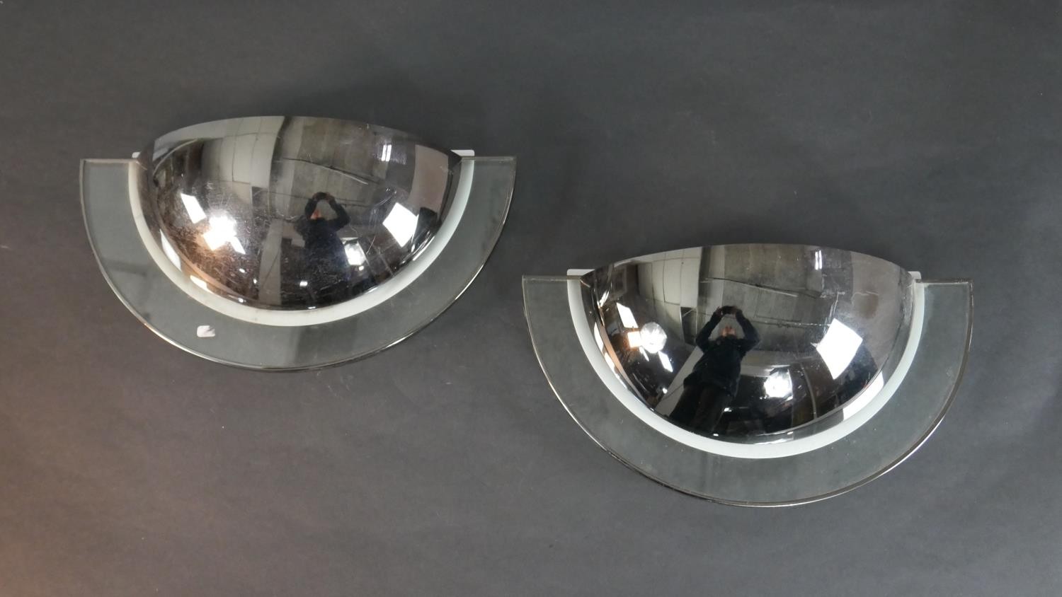 Two pairs of mid century Estiluz chrome and glass semicircular design wall lights, with makers - Image 7 of 11