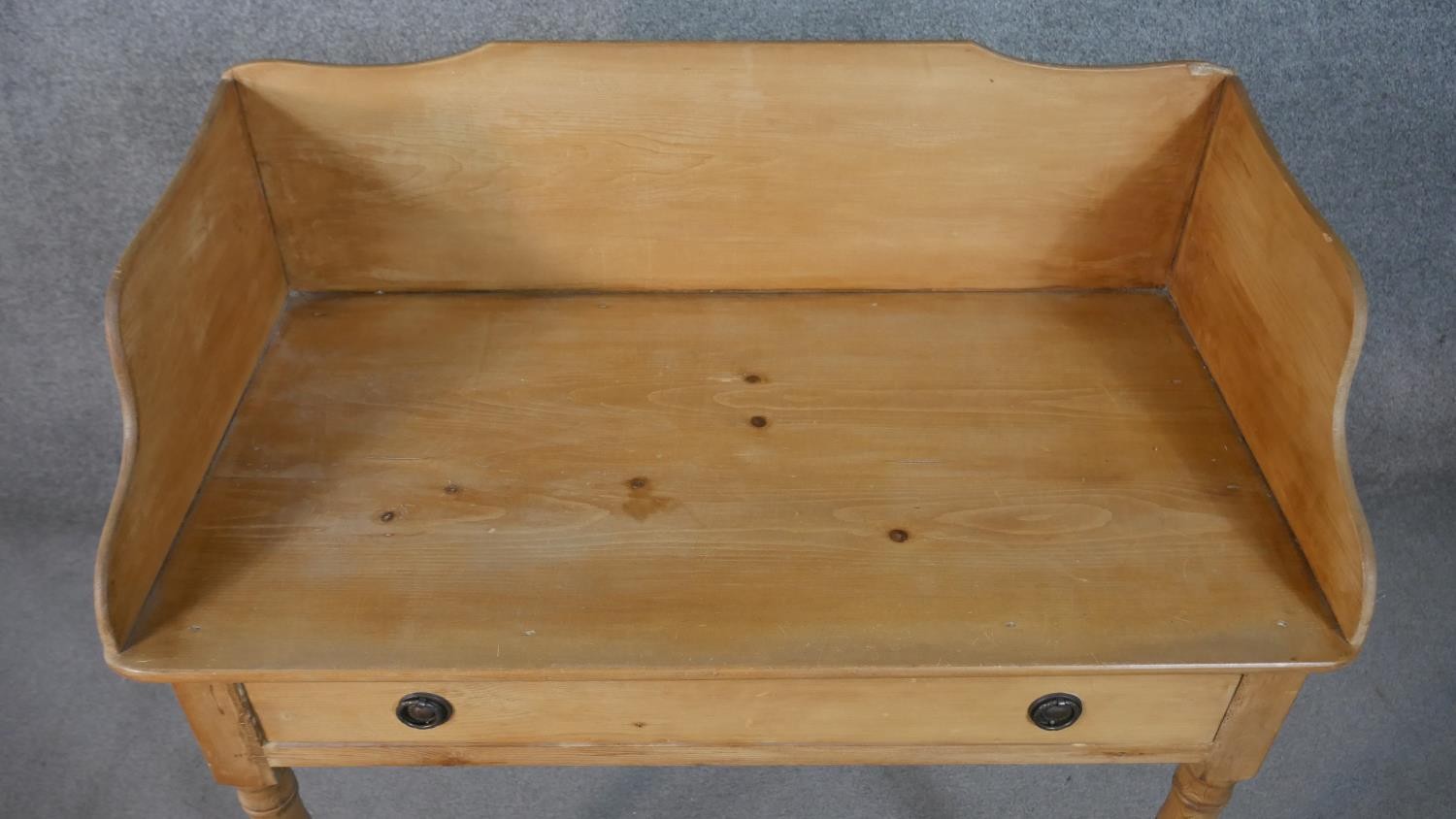 A Victorian pine washstand with raised back and frieze drawer on tapering turned supports. H.47 W.90 - Image 3 of 8