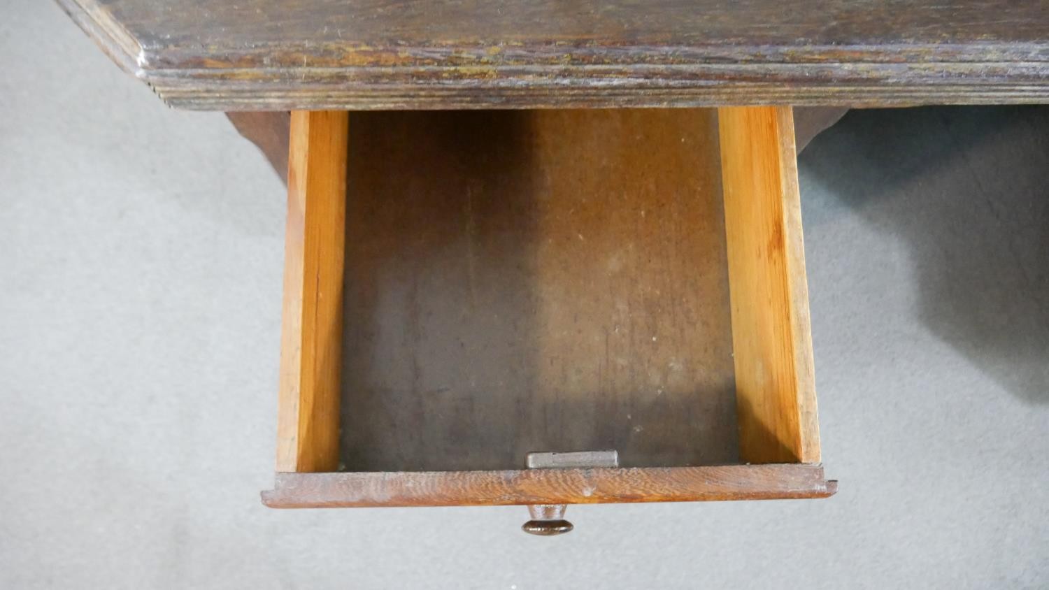 A vintage pedestal desk, the rectangular top with canted corners and a reeded edge, both pedestals - Image 5 of 7