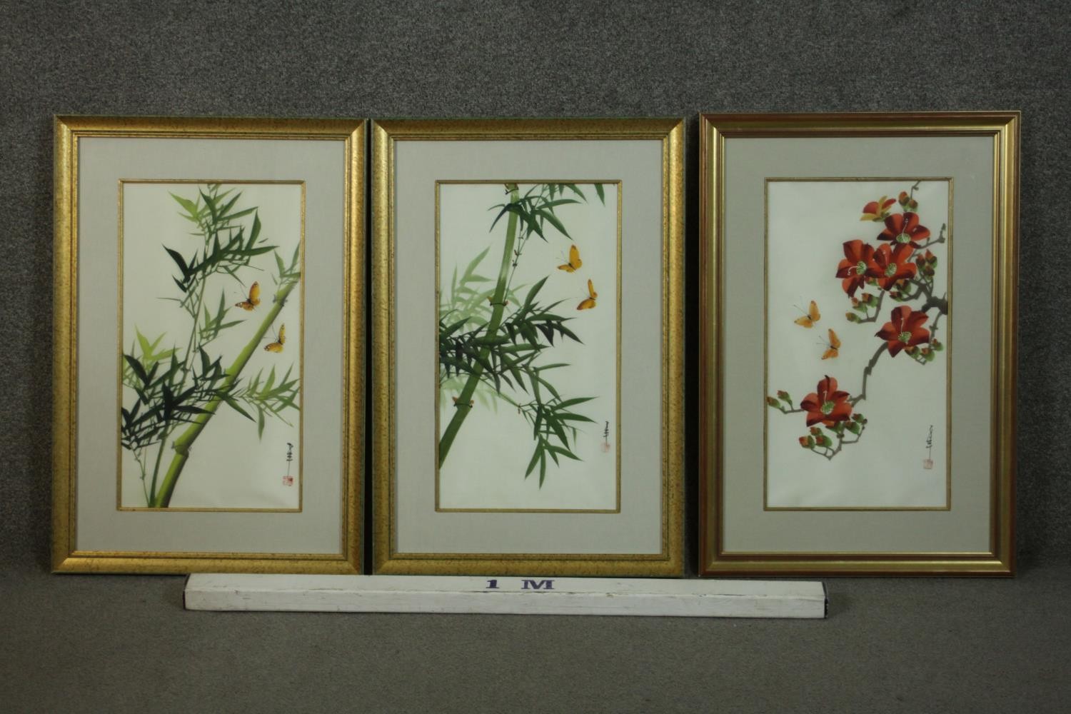 Three framed and glazed Chinese inks on silk depicting flowers, foliage and insects. Each with - Image 2 of 15