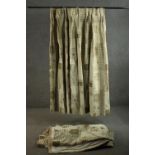 Three fully lined silk mix curtains with embroidered medieval lettering. H.173 W.210cm. (each)