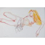 Dina Larot- 1942, unframed watercolour and red chalk on paper, reclining female nude with blonde