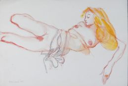 Dina Larot- 1942, unframed watercolour and red chalk on paper, reclining female nude with blonde