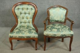 Two late 20th century French walnut chairs, one spoon back on cabriole legs, the other Louis XV