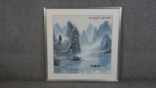 A Chinese framed and glazed ink on paper of the Li River near Guilin, with artists seal. H.86 W.86cm