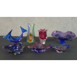 Seven 1960's Sommerso coloured abstract 'exploding glass' design bowls and vases. Each with a