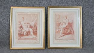 Two framed and glazed 19th century sepia stipple engravings 'Toilette du Matin and Toilette du