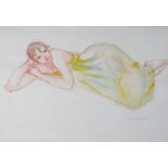 Dina Larot- 1942, watercolour and red chalk on paper, reclining female in yellow dress, signed and