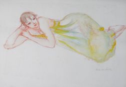 Dina Larot- 1942, watercolour and red chalk on paper, reclining female in yellow dress, signed and