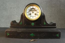 A Victorian French black slate and inlaid malachite drum head mantel clock. White enamel dial with