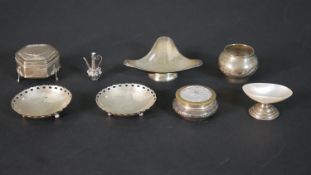 A collection of silver and silver plate, including a shell and silver salt, a silver plated box, a