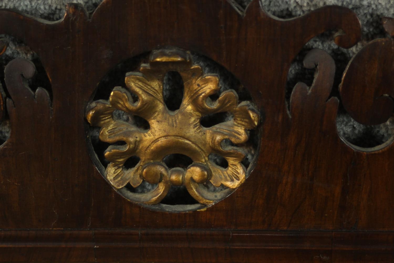 A George III parcel gilt mahogany fretwork mirror, with a carved and pierced stylised leaf over a - Image 3 of 5