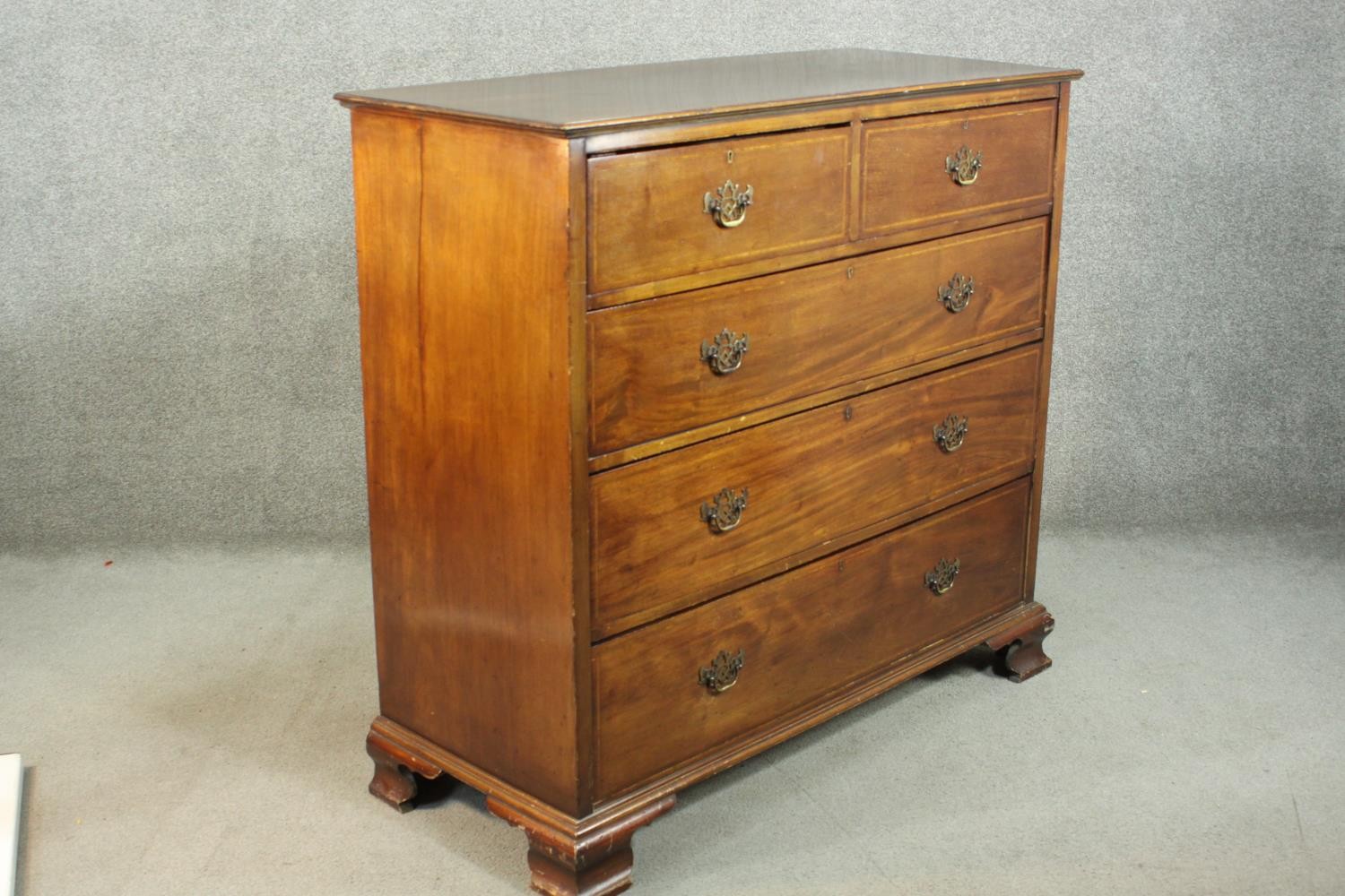 A Victorian walnut and line inlaid chest of two short over three long drawers, on ogee feet. H.115 - Image 4 of 9